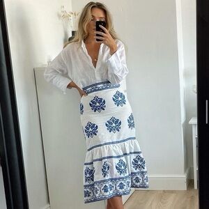 Zara Embroidered Tiered Linen Midi Skirt Women’s Size XS